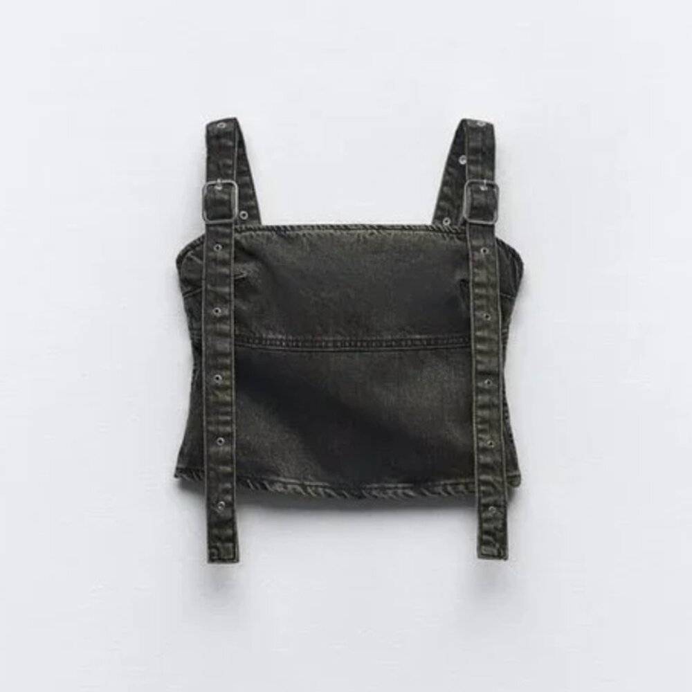 NWT ZARA BUCKLED DENIM TOP BROWN